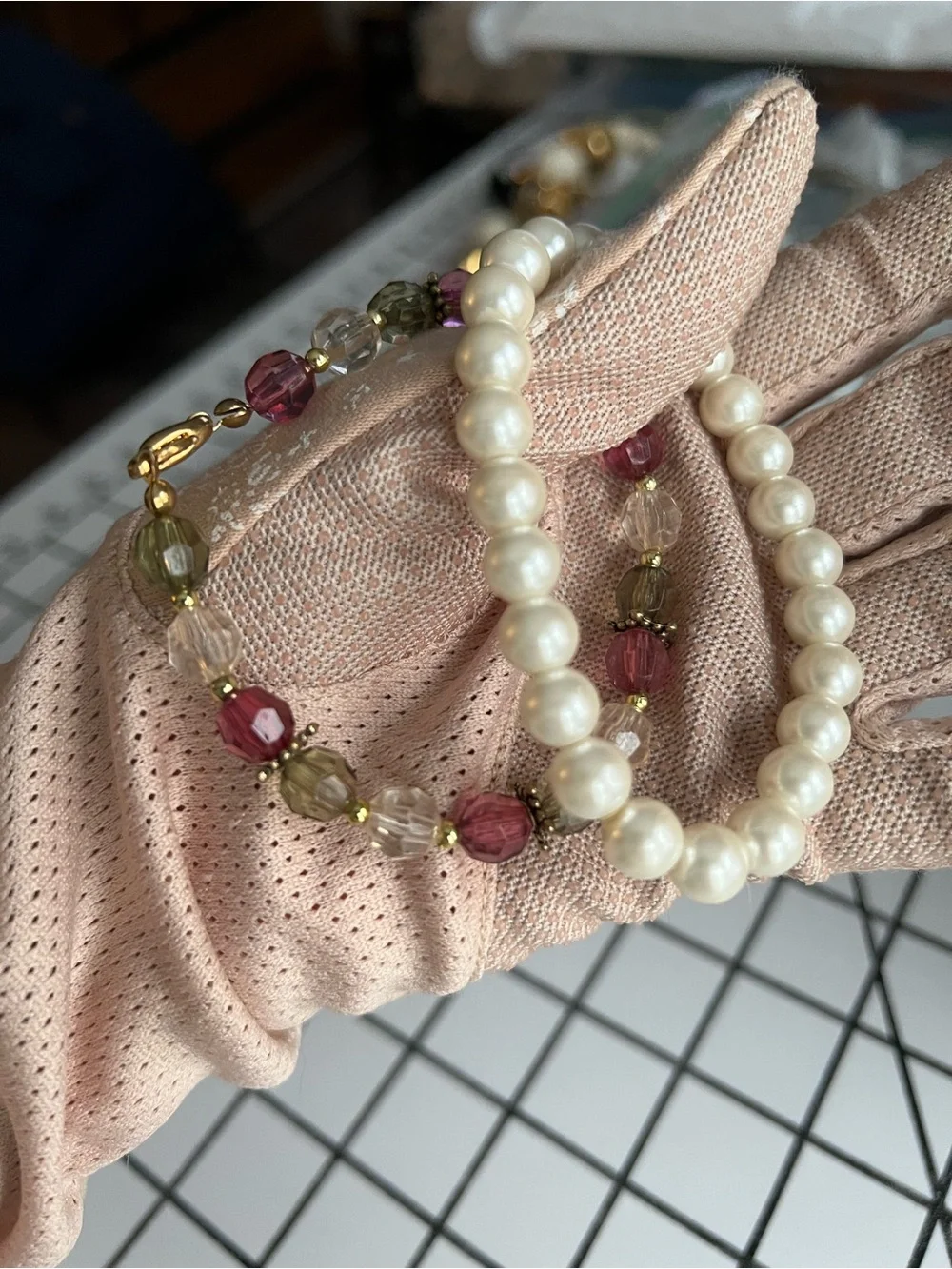 Vintage Faux Pearl & Multicolored Faceted Glass Bead Bracelet Set Lot of 2